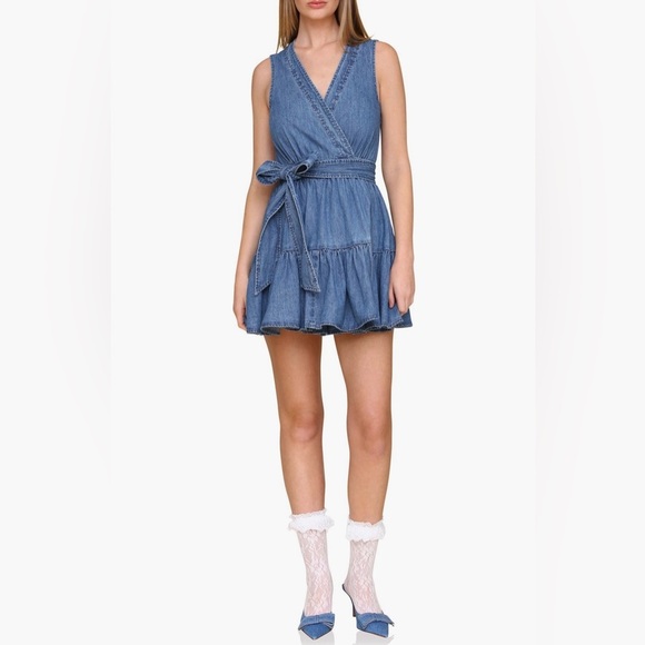 Avec Les Filles Denim Tie Waist Wrap Mini Dress NEW - Picture 3 of 6